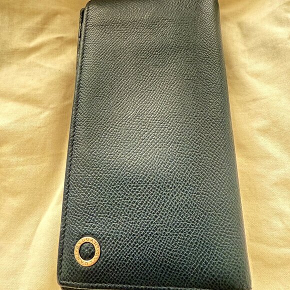 $899 Authentic BVLGARI Made in ITALY Unisex Navy Blue Leather Bifold Long Wallet - Picture 1 of 12